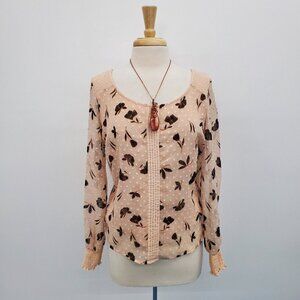 LC Lauren Conrad Womens Smocked Blush Pink‎ Floral Swiss Dot Blouse Top Size M